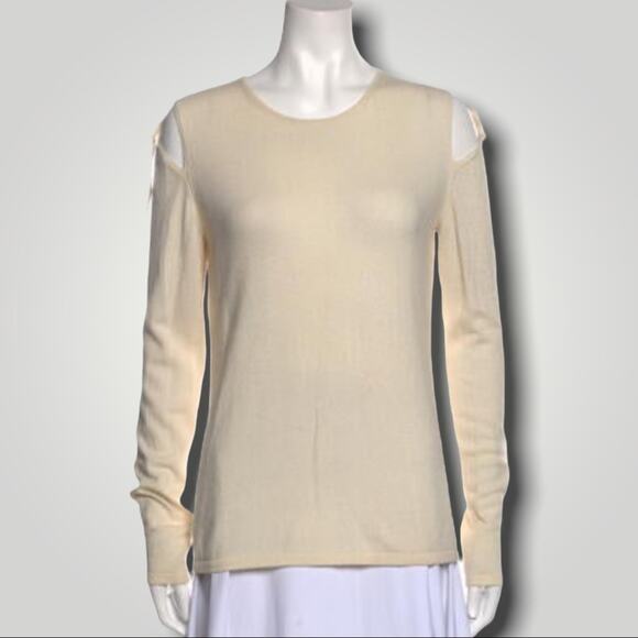 Elizabeth and James Sweaters - ELIZABETH AND JAMES WOOL CASHMERE COLD SHOULDER SCOOP SWEATER - BUTTERY TAN - M